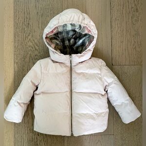 Burberry Light Pink Hooded Puffer Jacket with Check Lining
